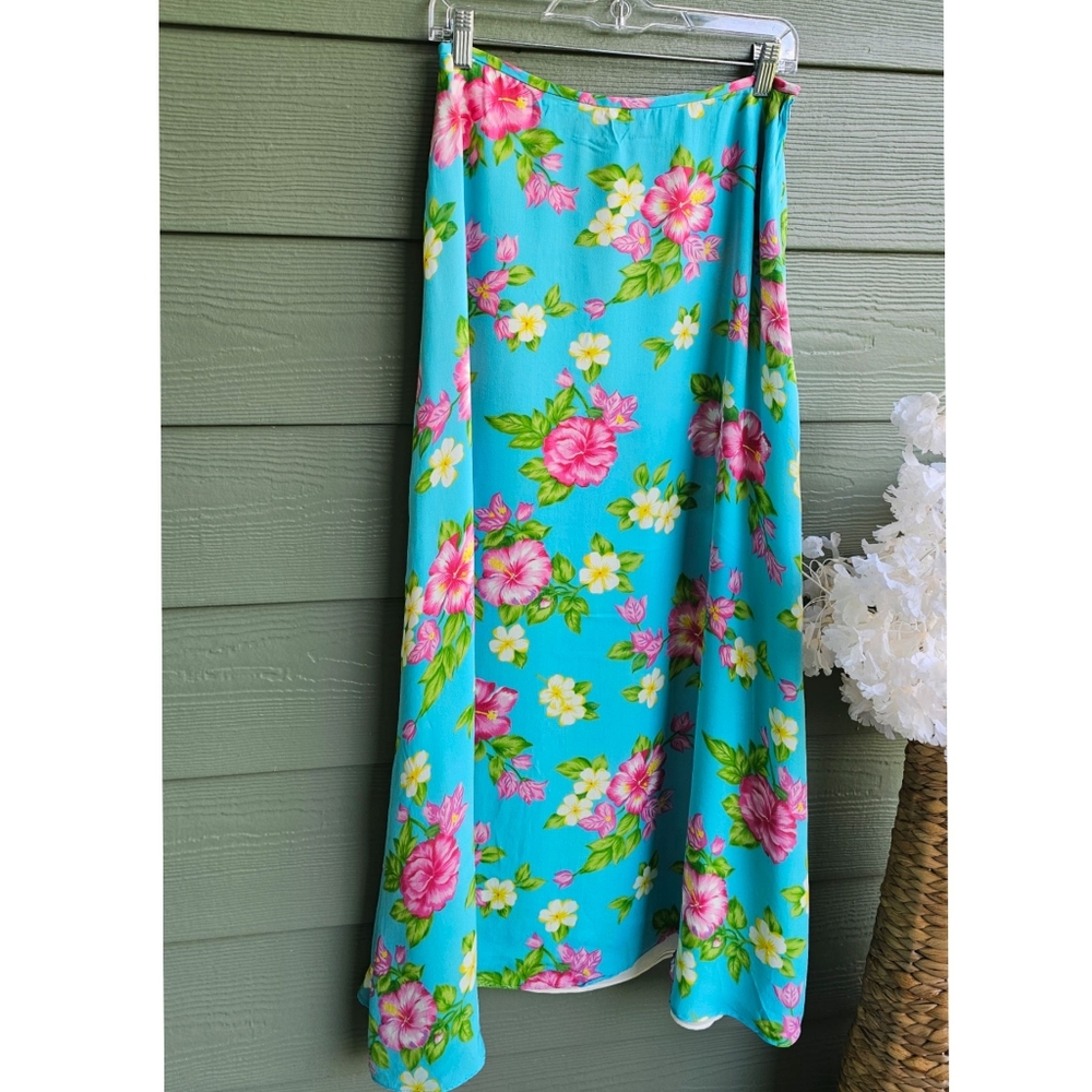 Ralph Lauren Vintage 90's Turquoise Hawaiian Floral Silk A-Line Maxi Skirt